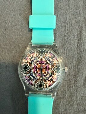 Turquoise Silicone Band Watch with Patterned Dial by